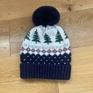 Gap Baby Nordic Noel Christmas Tree Pompom Beanie Hat Navy Blue 0-6 Month Cotton